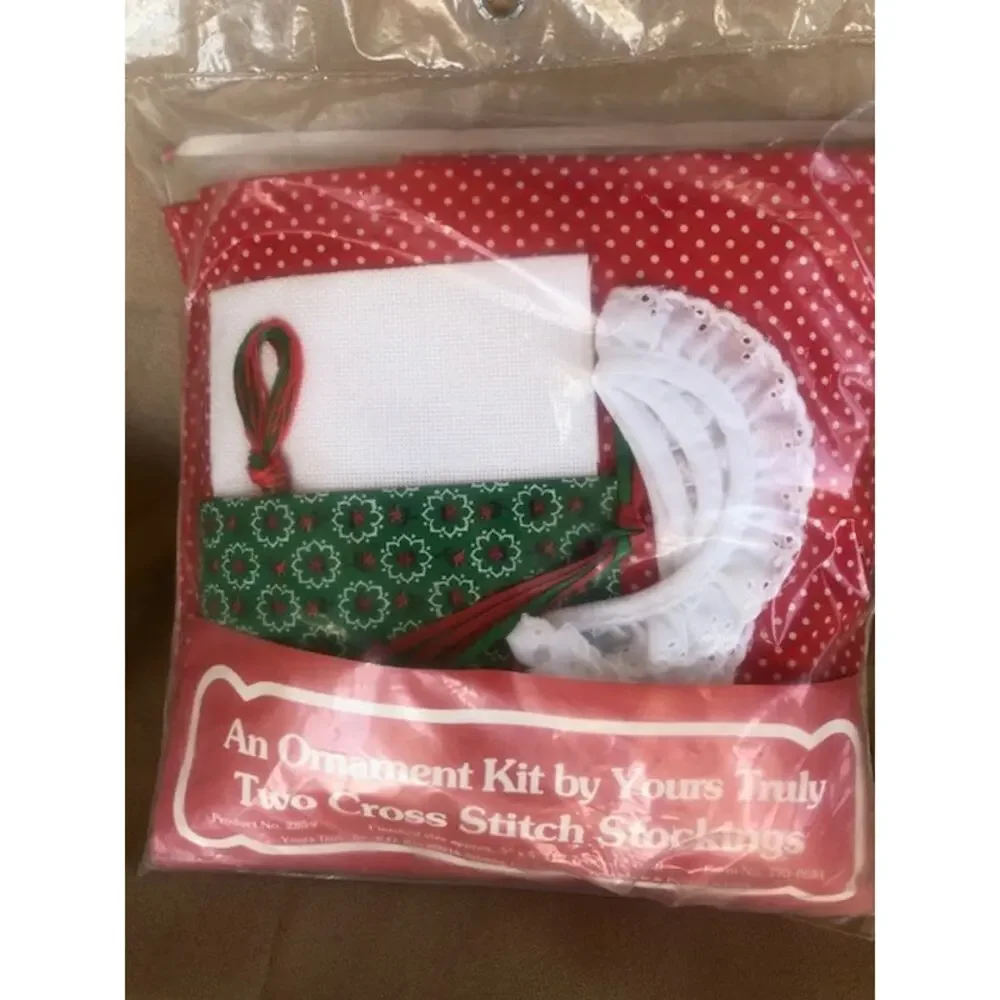 Christmas  Ornament Kit  Yours Truly Fabric Two Cross Stitch Stockings 1981